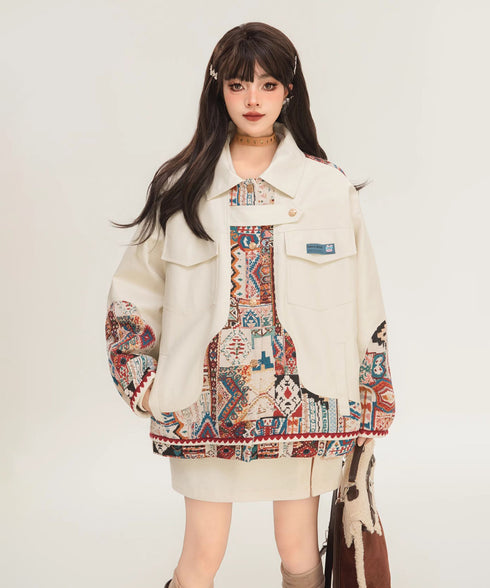 Jacquard Splicing Faux Leather Jacket